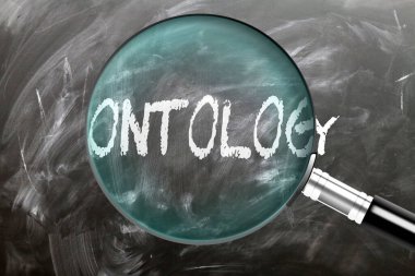 Ontoloji inceleme, inceleme ve soruşturma altında. Yakından bak. Ontolojinin anlamını araştırmanın, araştırmanın ve analiz etmenin sembolü.