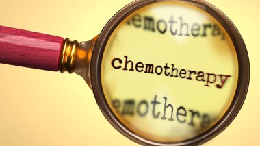 Kemoterapi inceleniyor, inceleniyor ve araştırılıyor. Yakından bak. Kemoterapinin anlamını araştırmanın, araştırmanın ve analiz etmenin sembolü.