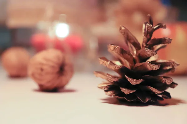 Golden pine Christmas decoration at home. 
