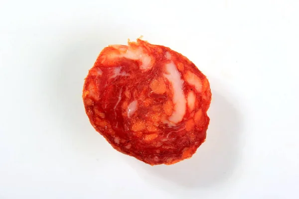 Chorizo Español Chorizo Salami Loncha Textura Aislada Sobre Fondo Blanco —  Fotos de Stock