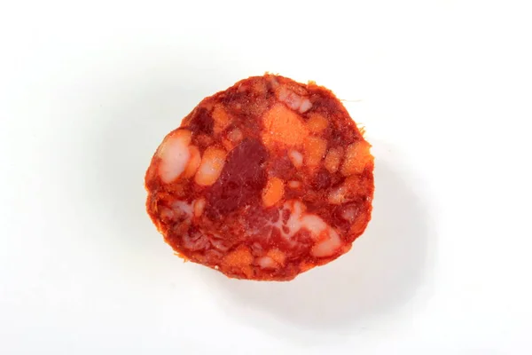 Espanhol Porco Chorizo Salame Salsicha Fatia Textura Isolada Fundo Branco — Fotografia de Stock