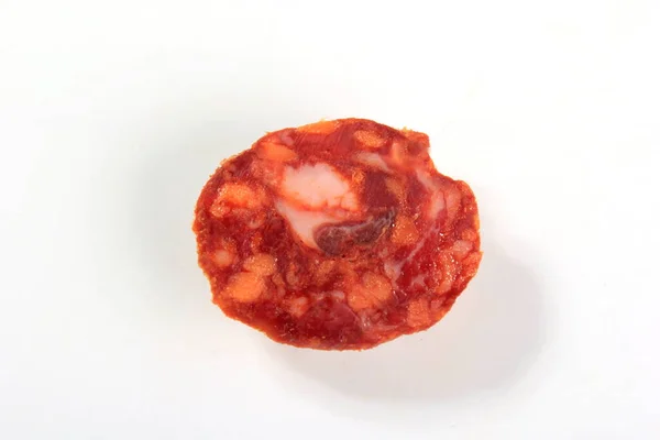 Espanhol Porco Chorizo Salame Salsicha Fatia Textura Isolada Fundo Branco — Fotografia de Stock