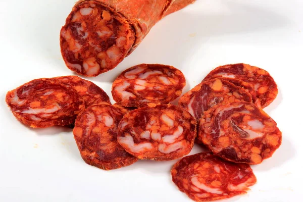 Spanish Pork Chorizo Salami Sausage Slice White Chorizo Iberian Extra — Stock Photo, Image