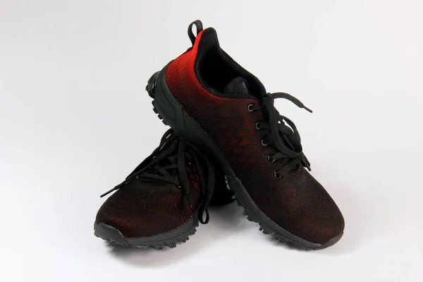 Sapatos Corrida Esporte Preto Vermelho Isolado Fundo Branco — Fotografia de Stock