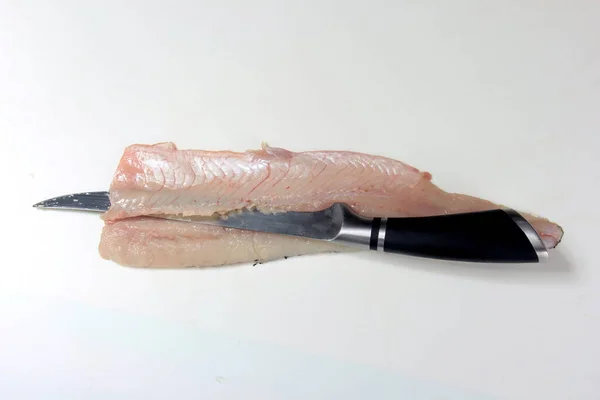 Hogyan Készítsünk Filét Késsel Folyamat Fehér Háttérrel — Stock Fotó
