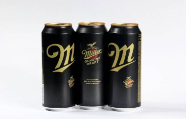 Riga, Latvia - december 14, 2022: Black can of Miller Genuine Draft lager beer isolated on white