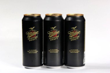 Riga, Latvia - december 14, 2022: Black can of Miller Genuine Draft lager beer isolated on white