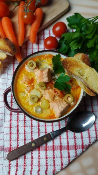 Cremige Lachssuppe Mit Gemüse Traditionelle Finnische Heiße Suppe — Stockfoto