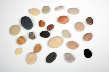 Beyaz arka planda izole edilmiş çok renkli yumuşak deniz taşları. deniz taşları.