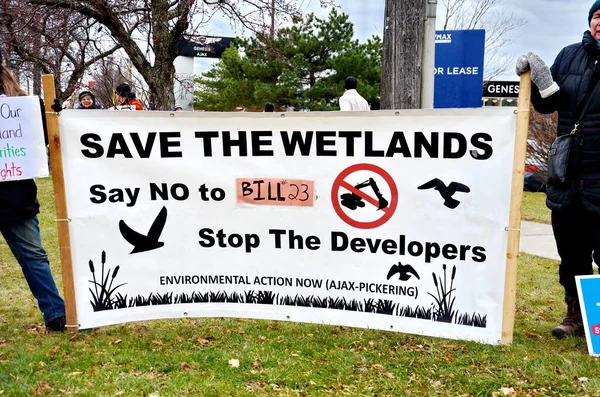 Stock image Ajax, Durham, Ontario, Canada, November 25, 2022: Community Rally against the Government of Ontario's Bill 23.  A bill which would overturn the environmental protections of Ontario's Greenbelt.