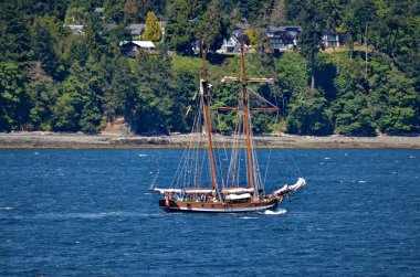 Vancouver, BC, Kanada yakınlarındaki Pasifik kıyı şeridinde bir Topsail Schooner.