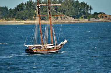 Vancouver, BC, Kanada yakınlarındaki Pasifik kıyı şeridinde bir Topsail Schooner.