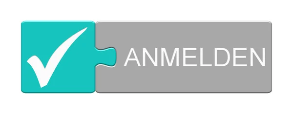 Puzzle Botón Azul Gris Con Garrapata Regístrese Idioma Alemán —  Fotos de Stock