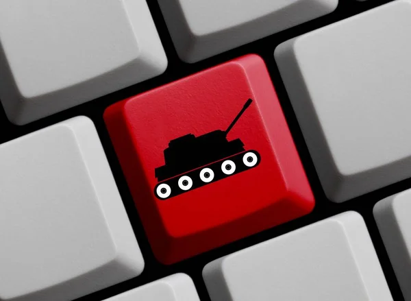 Papan Tik Komputer Dengan Warna Merah Yang Menampilkan Ilustrasi Ikon — Stok Foto