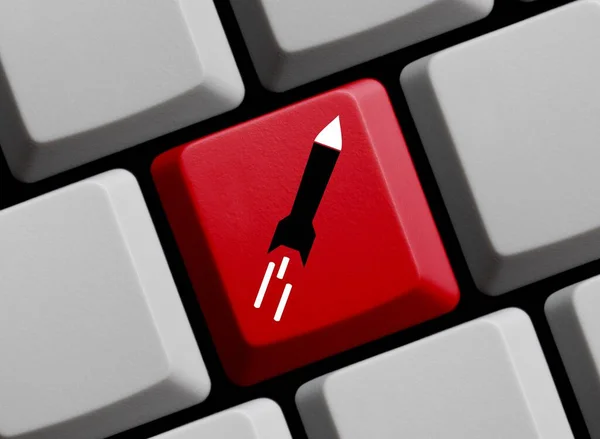 Клавиатура Компьютера Красным Цветом Показывающая Иллюстрацию Значка Ракеты — стоковое фото