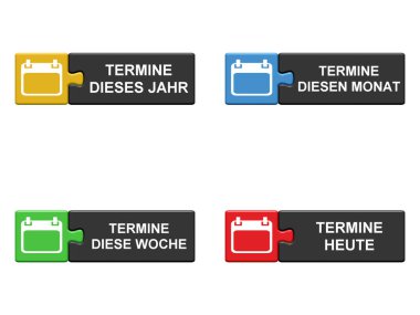 4 Bilmece Düğmeli Pankart: Bu yıl, bu ay, bu hafta ve bugün Almanca 3D illüstrasyonla randevular