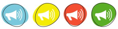 4 Renkli Düğme Megafon simgelerini gösteriyor Mavi, sarı, kırmızı, yeşil