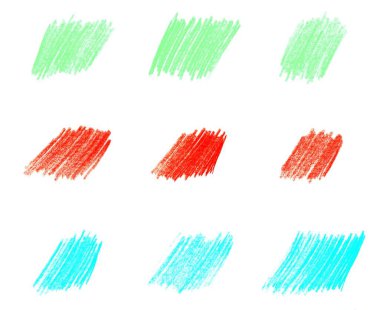 Beyaz arkaplana yeşil, kırmızı ve mavi kalem karalaması koleksiyonu