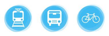 3 yuvarlak açık mavi düğme tren, otobüs ve bisikleti gösteriyor - ulaşım simgeleri