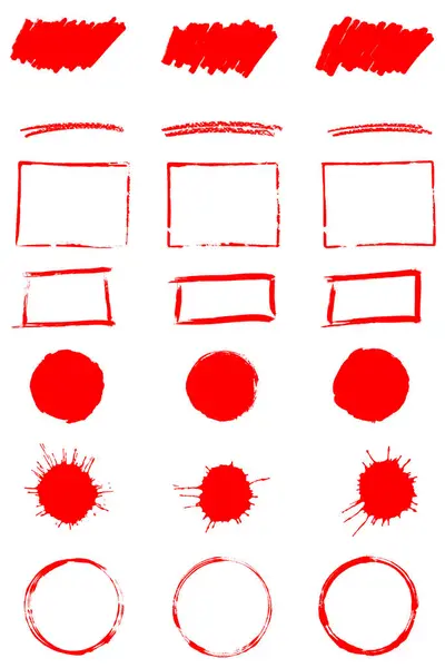 Σύνολο Πλαισίων Πανό Κύκλοι Κηλίδες Και Ορθογώνια Ζωγραφισμένα Κόκκινο Grunge Εικόνα Αρχείου