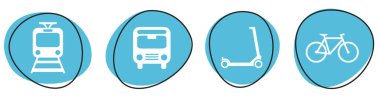 Tren, Otobüs, Scooter ve Bisiklet simgeleriyle Blue Button Banner