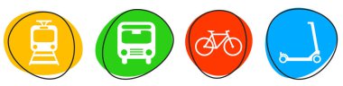 4 Renkli Düğme Taşınabilirlik simgelerini gösterir Tren, Otobüs, Scooter ve Bisiklet - Mavi, sarı, kırmızı, yeşil