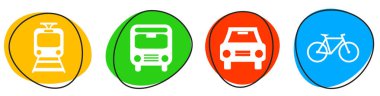 Taşınabilirlik simgelerini gösteren 4 renkli düğme Tren, Otobüs, Araba ve Bisiklet Mavi, sarı, kırmızı, yeşil