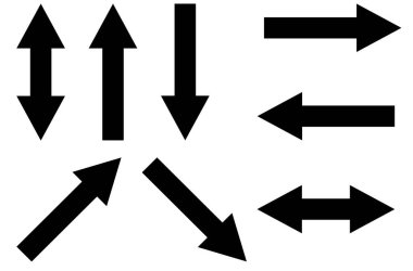 Siyah oklar koleksiyonu sol, sağ, yukarı, aşağı, çapraz ve her iki yönde