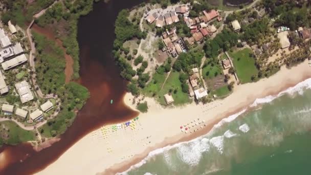 Imbassai Beach Bahia Aerial View River Meets Sea Waves — Stock Video