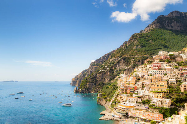 Positano in Amalfi Coast, Mediterranean Sea, Italy. Beautiful day full of colors on the roads and highways of the Amalfi Coast.