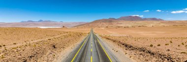 Şili 'deki Atacama Çölü. Hava görüntüsü. 27. yol, araba yolculuğu sırasında yol. Salar de Loyoques. Güney Amerika