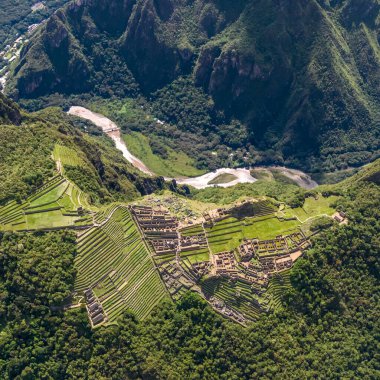 Machu Picchu, Peru. Hava görüntüsü. Kare resim.