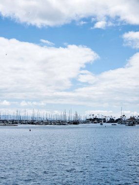 Santa Barbara marinasının sakin bir görüntüsü. Limanda demirlemiş yelkenliler ve yatlar var.. 