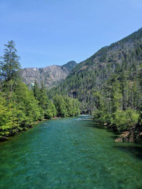 Kuzey Cascades Ulusal Parkı 'nın engebeli manzarasında Skagit Nehri' nin nefes kesici manzarası..