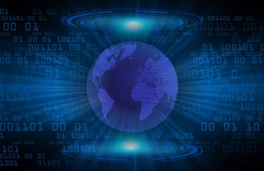 Dünya 'nın her yerinde siber devre parçacıkları olan koyu mavi soyut teknoloji arka planı. Gelecekteki teknoloji ve küresel ağ kavramı