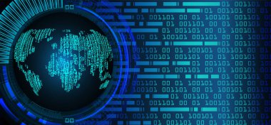 Dünya 'nın her yerinde siber devre parçacıkları olan koyu mavi soyut teknoloji arka planı. Gelecekteki teknoloji ve küresel ağ kavramı