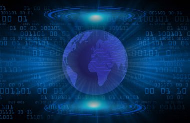 Dünya 'nın her yerinde siber devre parçacıkları olan koyu mavi soyut teknoloji arka planı. Gelecekteki teknoloji ve küresel ağ kavramı