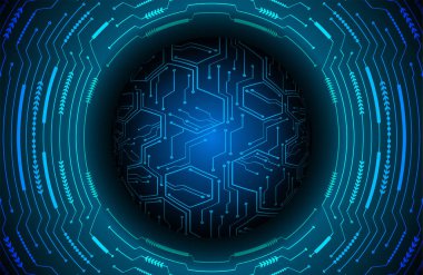 Dünya 'nın her yerinde siber devre parçacıkları olan koyu mavi soyut teknoloji arka planı. Gelecekteki teknoloji ve küresel ağ kavramı