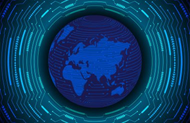 Global teknoloji ağı. Dünya ikili devre kartı gelecek teknolojisi, mavi hud siber güvenlik kavramı. 3d oluşturma.