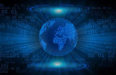 Dünya 'nın her yerinde siber devre parçacıkları olan koyu mavi soyut teknoloji arka planı. Gelecekteki teknoloji ve küresel ağ kavramı