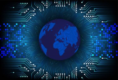 Dünya 'nın her yerinde siber devre parçacıkları olan koyu mavi soyut teknoloji arka planı. Gelecekteki teknoloji ve küresel ağ kavramı