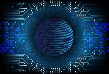 Büyük kürenin etrafında siber devre parçacıkları olan koyu mavi soyut teknoloji arka planı. Gelecekteki teknoloji ve küresel ağ kavramı