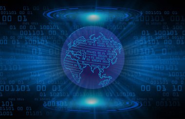 Dünya 'nın her yerinde siber devre parçacıkları olan koyu mavi soyut teknoloji arka planı. Gelecekteki teknoloji ve küresel ağ kavramı