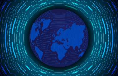 Global teknoloji ağı. Dünya ikili devre kartı gelecek teknolojisi, mavi hud siber güvenlik kavramı. 3d oluşturma.