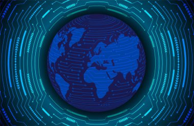Global teknoloji ağı. Dünya ikili devre kartı gelecek teknolojisi, mavi hud siber güvenlik kavramı. 3d oluşturma.