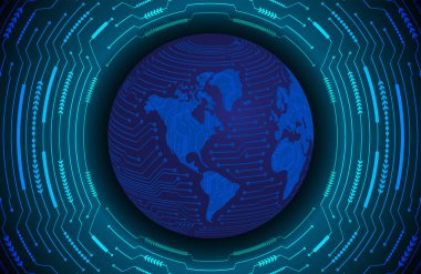 Global teknoloji ağı. Dünya ikili devre kartı gelecek teknolojisi, mavi hud siber güvenlik kavramı. 3d oluşturma.