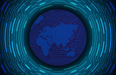 Global teknoloji ağı. Dünya ikili devre kartı gelecek teknolojisi, mavi hud siber güvenlik kavramı. 3d oluşturma.
