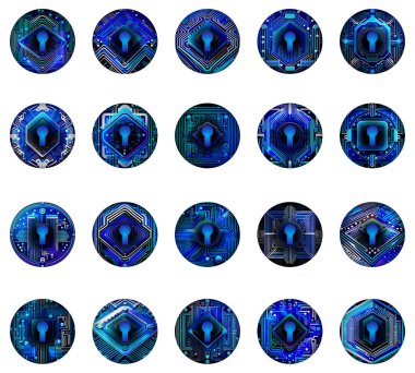 Beyaz arkaplanda çeşitli mavi düğmelerin koleksiyonu