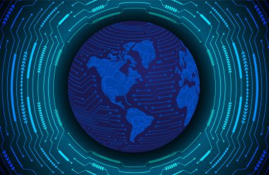 Global teknoloji ağı. Dünya ikili devre kartı gelecek teknolojisi, mavi hud siber güvenlik kavramı. 3d oluşturma.