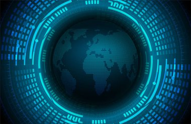 Dünya 'nın her yerinde siber devre parçacıkları olan koyu mavi soyut teknoloji arka planı. Gelecekteki teknoloji ve küresel ağ kavramı